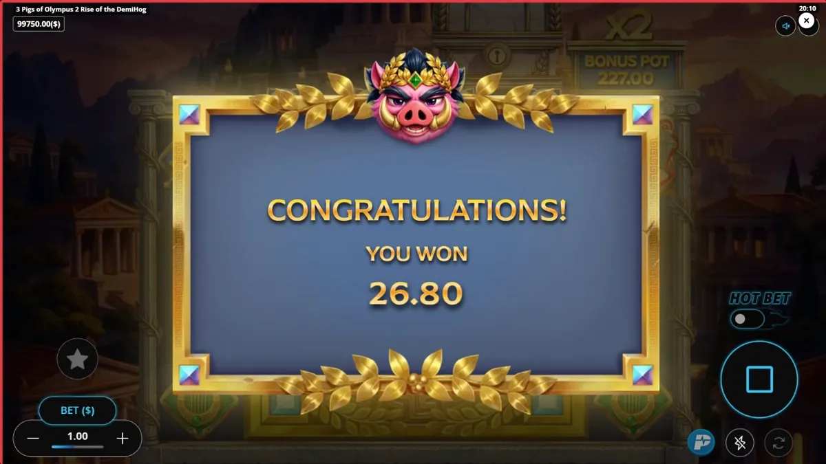 Tampilan visual slot 3 Pigs of Olympus 2 Rise of the DemiHog dengan tema mitologi Yunani dan babi pahlawan.